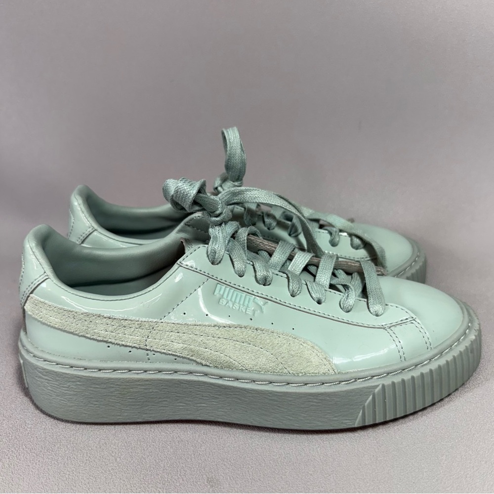 Puma Basket Mint Green Patent Leather Platform Sneakers - Picture 2 of 9